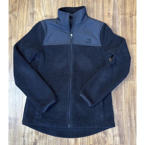 FILA Sport Jacket Women Size Small Fleece Full Front Zip Black Zip Slash Pockets - Picture 1 of 5